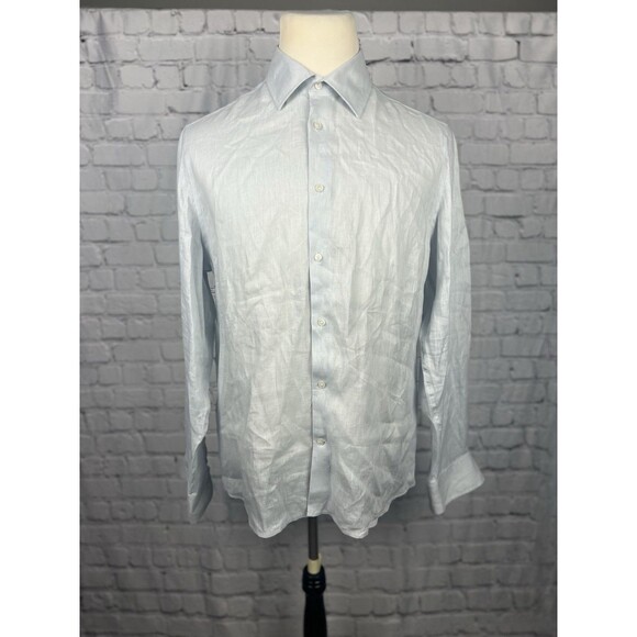 MNG 100%Linen Mens Medium Regular Fit Long Sleeve Button Up Shirt Light Blue - Picture 1 of 8